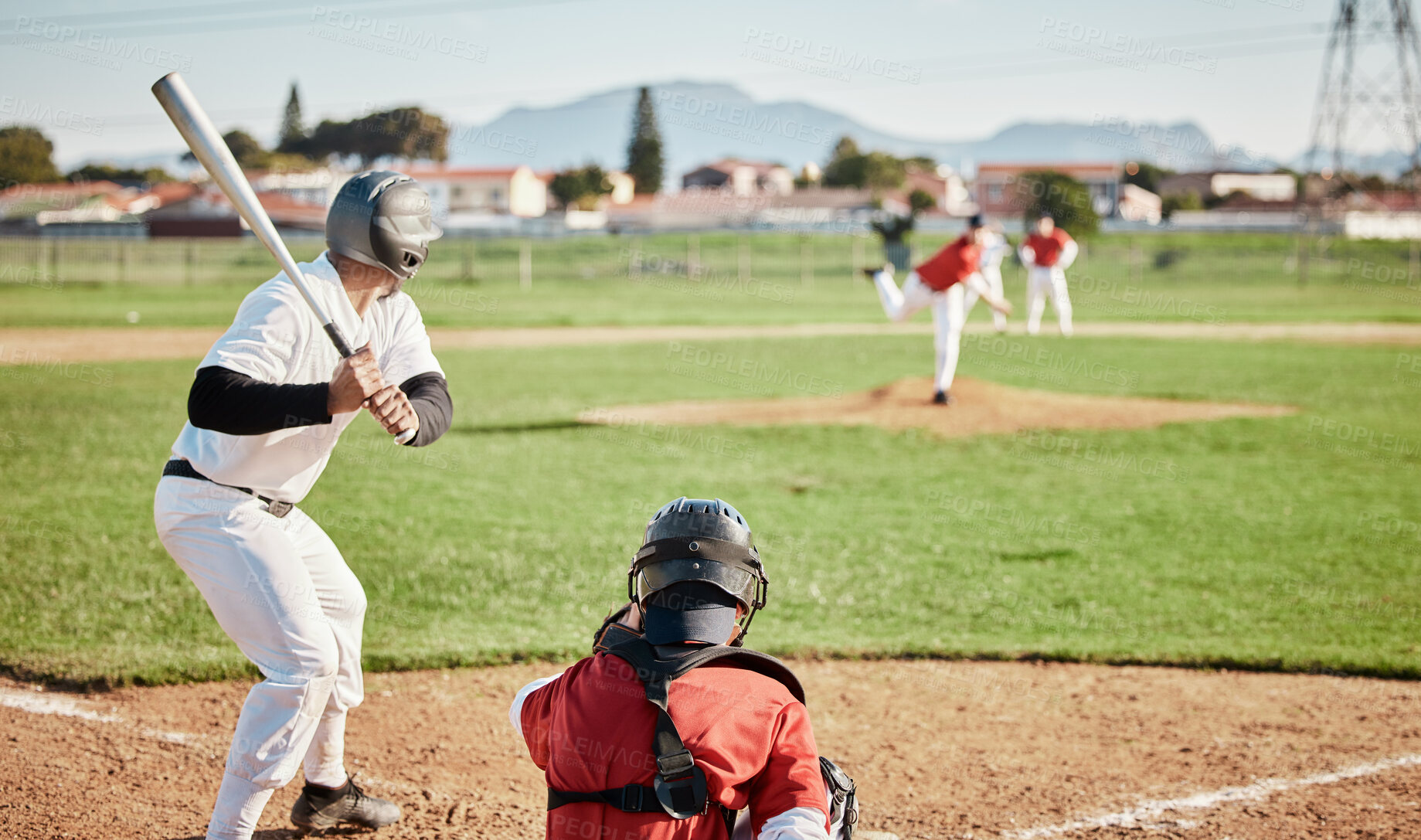 Buy stock photo Baseball, bat and waiting with a sports man outdoor, playing a competitive game during summer. Fitness, health and exercise with a male athlete or player training on a field for sport or recreation