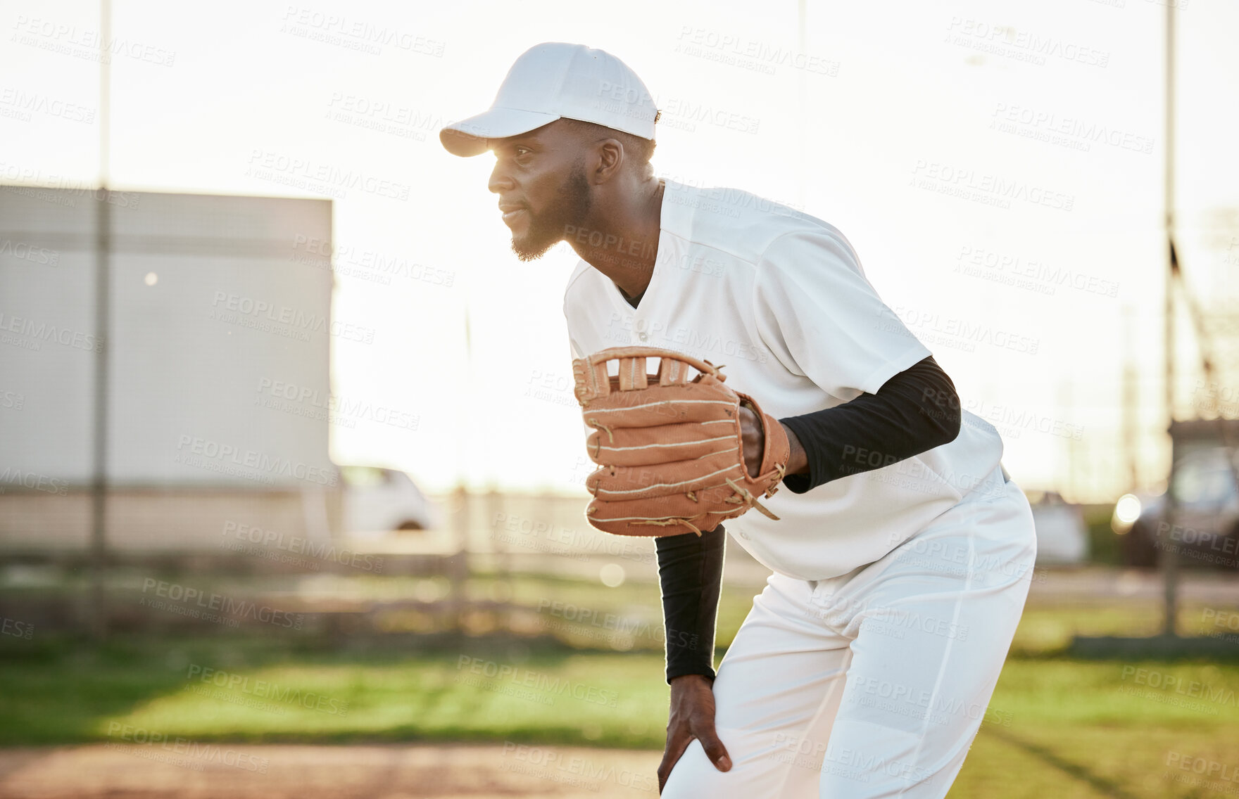 Buy stock photo Athlete, baseball player or hand glove on field, sports or arena ground in game, match or competition. Black person, softball or mitt in fitness, exercise or training workout in pitcher stadium flare