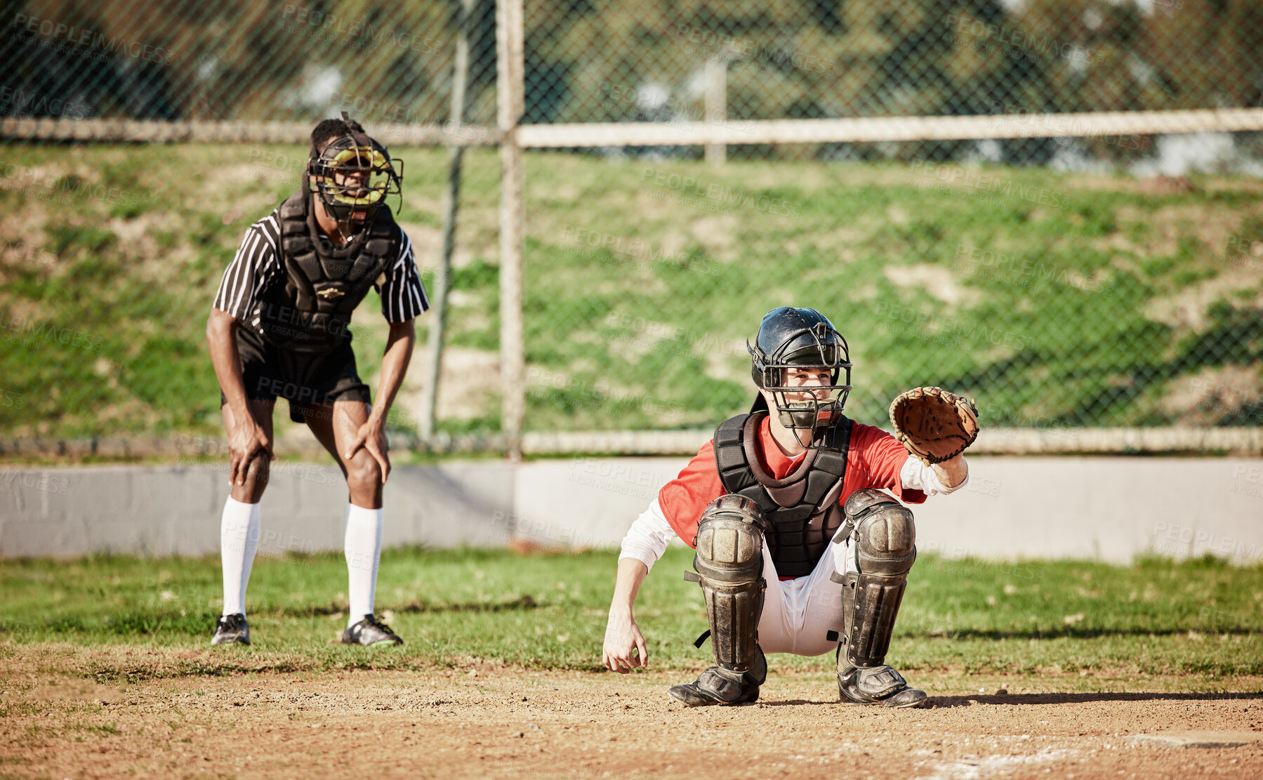 Buy stock photo Baseball, game and players with fitness, exercise and workout for wellness, healthy lifestyle and training. Softball, male athletes and competition on grass field, sports and practice for match 