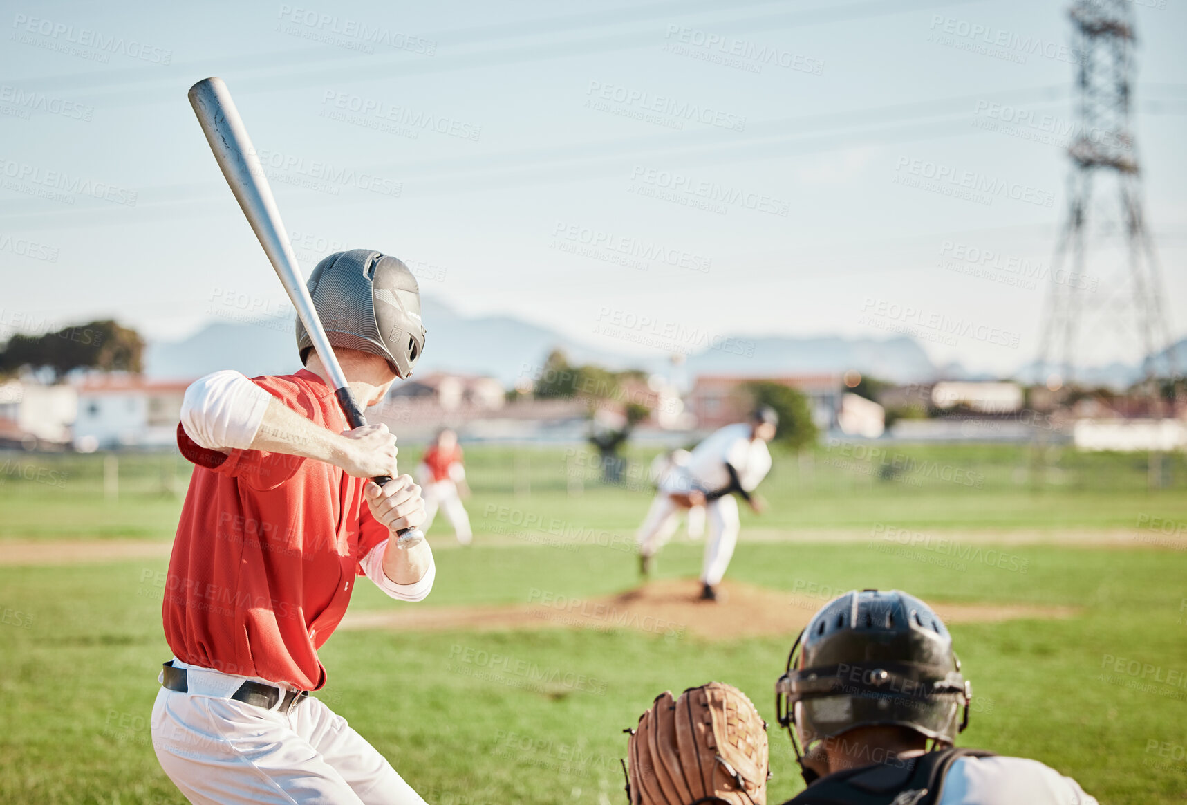 Buy stock photo Baseball, bat and homerun with a sports man outdoor, playing a competitive game during summer. Fitness, health and exercise with a male athlete or player training on a field for sport or recreation