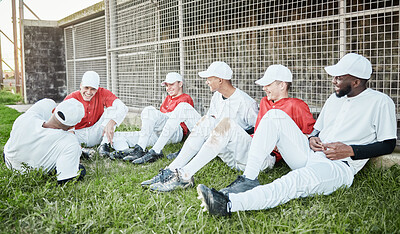 Buy stock photo Baseball team talk, sport conversation and men smile on a stadium field with sports break. Diversity, softball group and friends with happiness and laughing outdoor before fitness, exercise and game