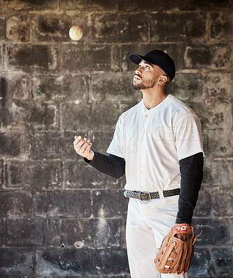Sports, baseball and man with ball and glove ready for game, match and practice in stadium. Softball mockup, motivation and serious male player focus in dugout for training, exercise and competition