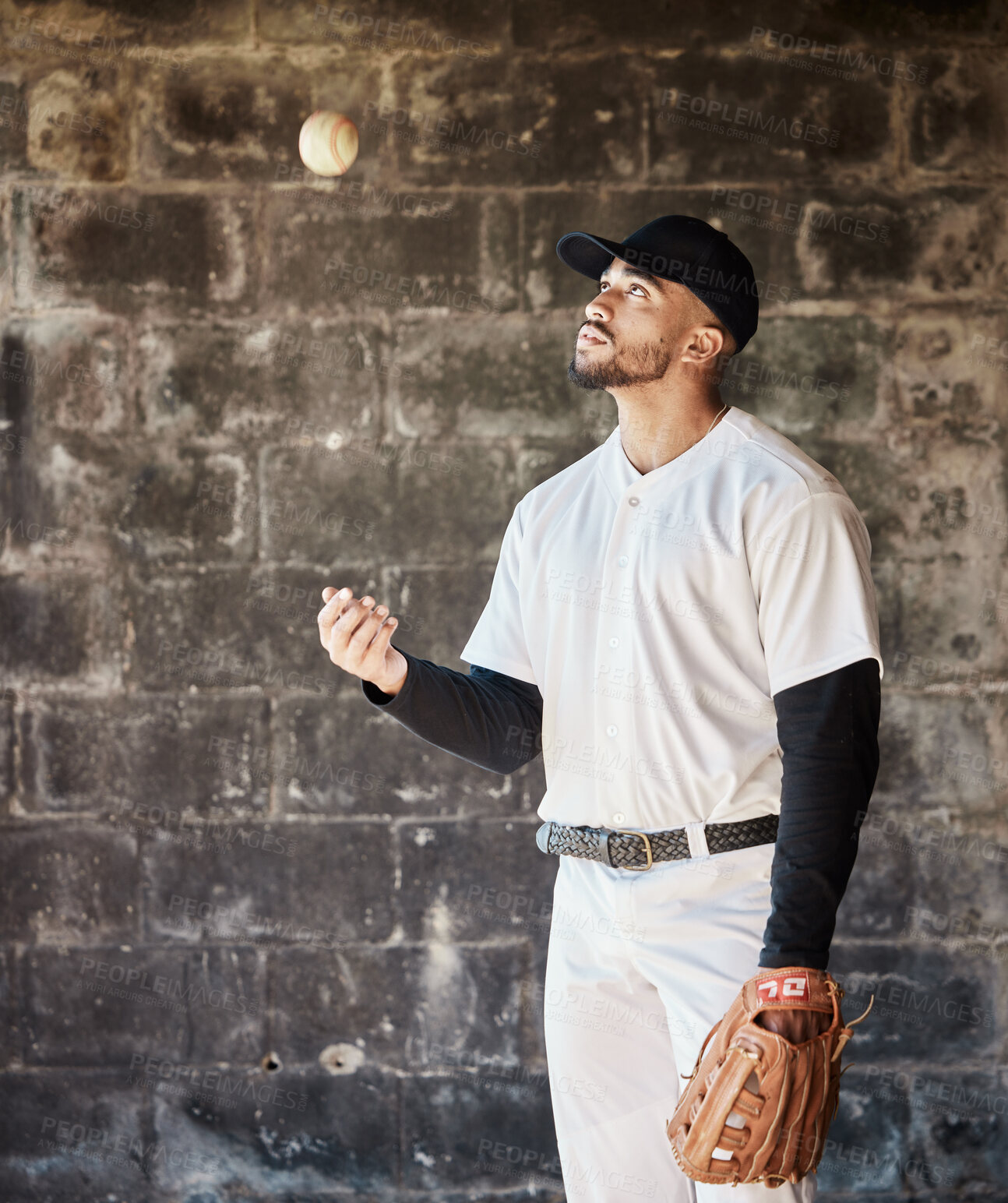 Buy stock photo Sports, baseball and man with ball and glove ready for game, match and practice in stadium. Softball mockup, motivation and serious male player focus in dugout for training, exercise and competition