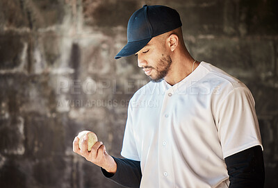 Buy stock photo Baseball field, thinking or man with a ball in training ready for match or game on bench dugout in summer. Workout exercise, mindset or thoughtful young sports player focused on playing softball