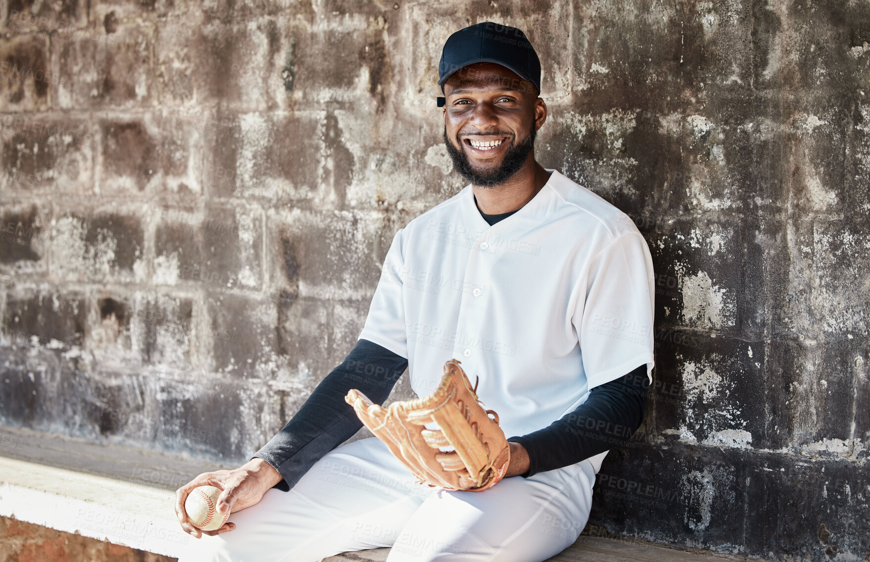 Buy stock photo Black man, baseball or catch glove portrait on sports, stadium or arena bench for game, match or competition. Smile, happy or softball athlete with mitt for fitness, club workout or exercise training