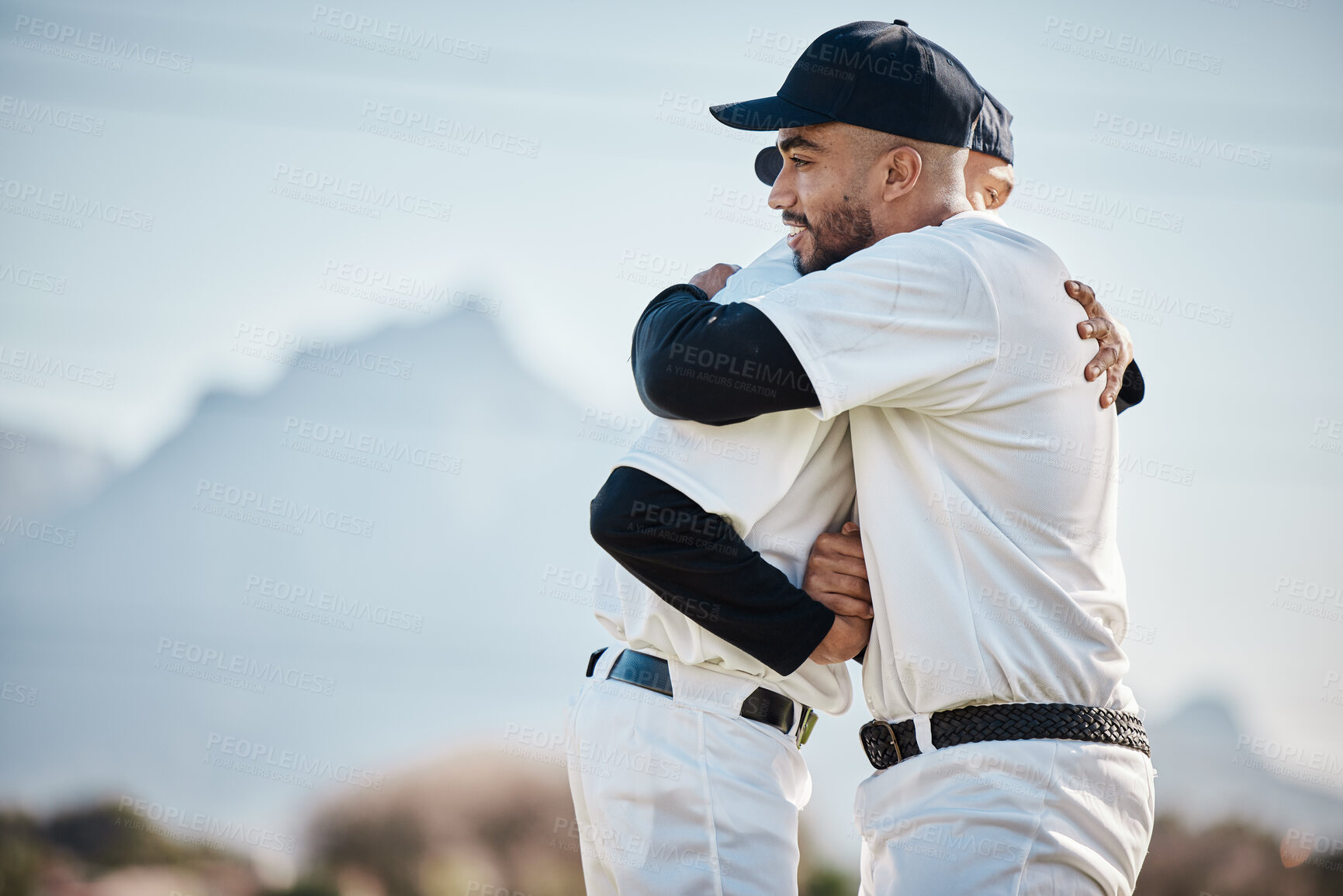 Buy stock photo Teamwork, sports hug or baseball player in training, exercise or workout in practice match together on field. Softball, men or people hugging in competitive game with fitness or solidarity or support