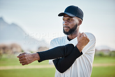 Buy stock photo Baseball stadium, stretching or black man on field ready or thinking of training match on a pitch in summer. Workout exercise, fitness mindset or sports player in warm up to start playing softball