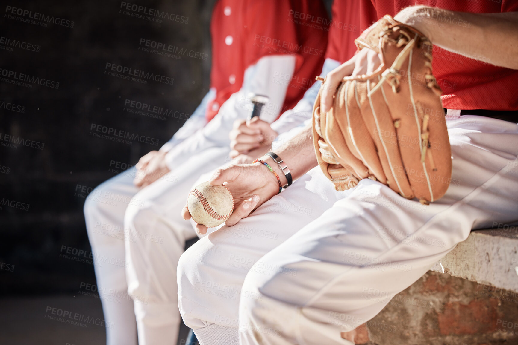 Buy stock photo Baseball player, pitcher and leather glove with sport ball with sports team sitting together. Exercise, athlete and workout of a contest pitch outdoor with fitness gear ready for training and game