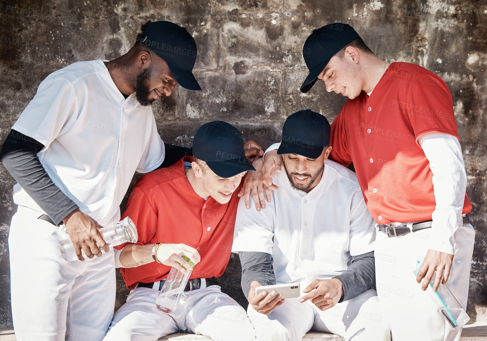 Buy stock photo Baseball, phone or team on sports bench watching videos on social media in training in a stadium. Mobile app, friends relaxing or young players streaming softball content outdoors in dugout in summer