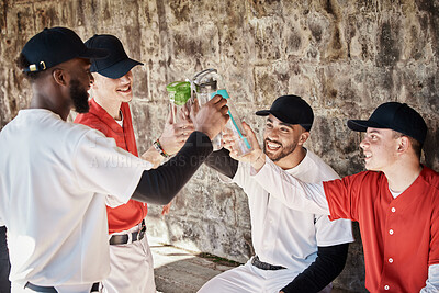 Buy stock photo Baseball player, team or people toast to success in training or match game to celebrate victory in stadium. Goals target, fun men or softball players in happy celebration with sports drinks together