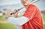 Baseball player, bat or man in a game competition, training match on stadium pitch in summer. Fun softball exercise, fitness workout or serious athlete playing sports in summer with focused mindset 