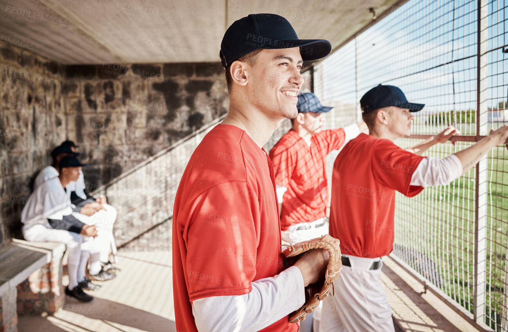 Buy stock photo Baseball, men and watch game with happiness, achievement and competition with teamwork. Mit, male players and athletes in sports dugout, start training and friends with exercise, workout and smile 