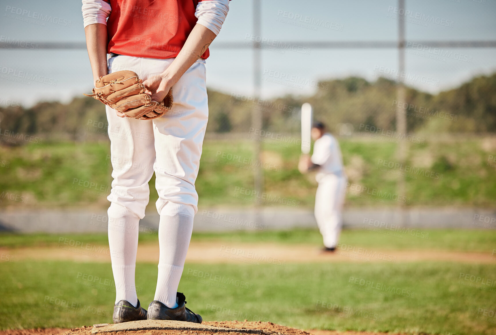 Buy stock photo Sports, baseball and male athlete on the pitch playing a game, exercise or training on the field. Fitness, catcher and man softball player at a match, exercise or practice at an outdoor arena.