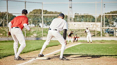 Buy stock photo Sports, baseball and fitness with men on field for training, competition matcha and exercise. Home run, focus and teamwork with group of people playing in park stadium for pitcher, cardio and batter