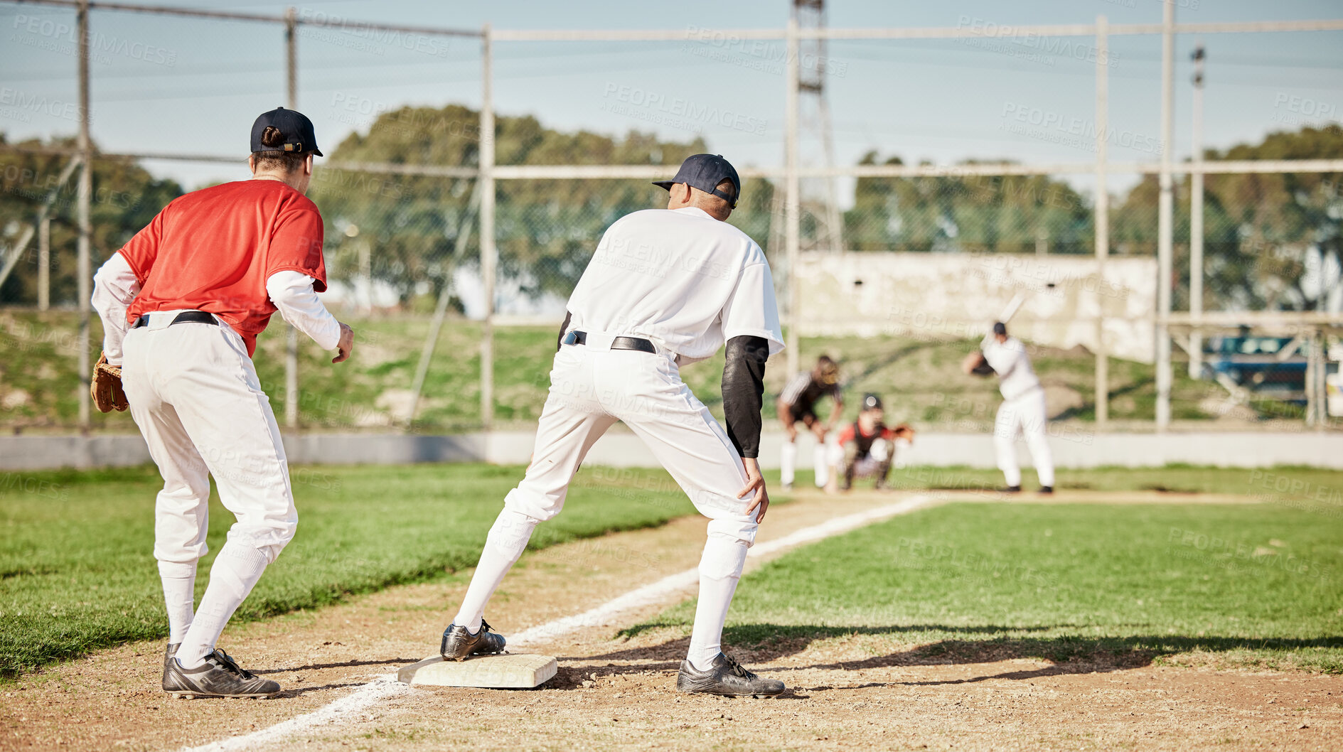 Buy stock photo Sports, baseball and fitness with men on field for training, competition matcha and exercise. Home run, focus and teamwork with group of people playing in park stadium for pitcher, cardio and batter