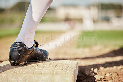 Buy stock photo Sports, baseball and plate with shoe of man on field for training, fitness or home run practice. Workout, games and pitching with athlete playing at park stadium event for tournament, match or action