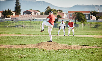 Baseball field, competitive and man pitcher pitch or throw ball in a match, game or training with a softball team. Sports, fitness and professional man athlete in a competition with teamwork