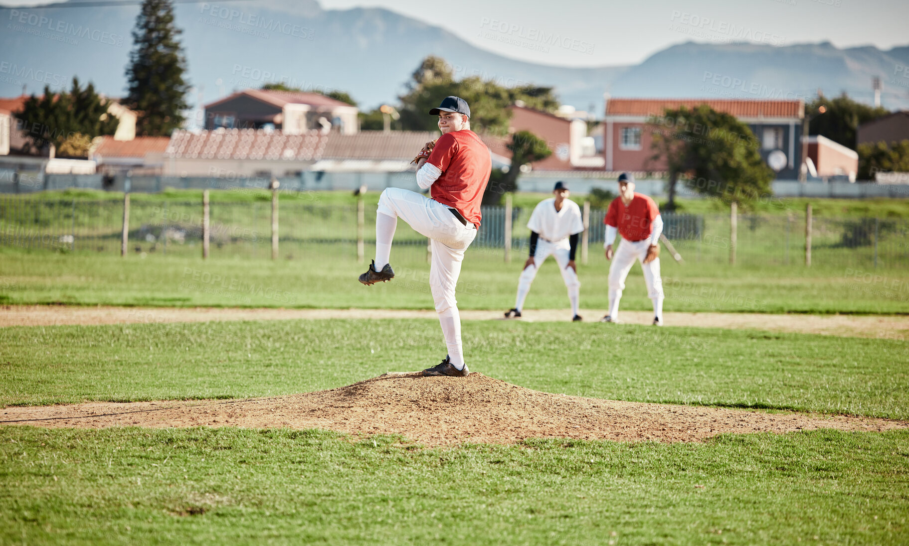 Buy stock photo Baseball field, competitive and man pitcher pitch or throw ball in a match, game or training with a softball team. Sports, fitness and professional man athlete in a competition with teamwork