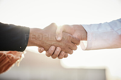 Buy stock photo Baseball, sports respect or handshake for team greeting or introduction on stadium field together. Zoom of men shaking hands in softball match or game in competition, training or workout exercise 