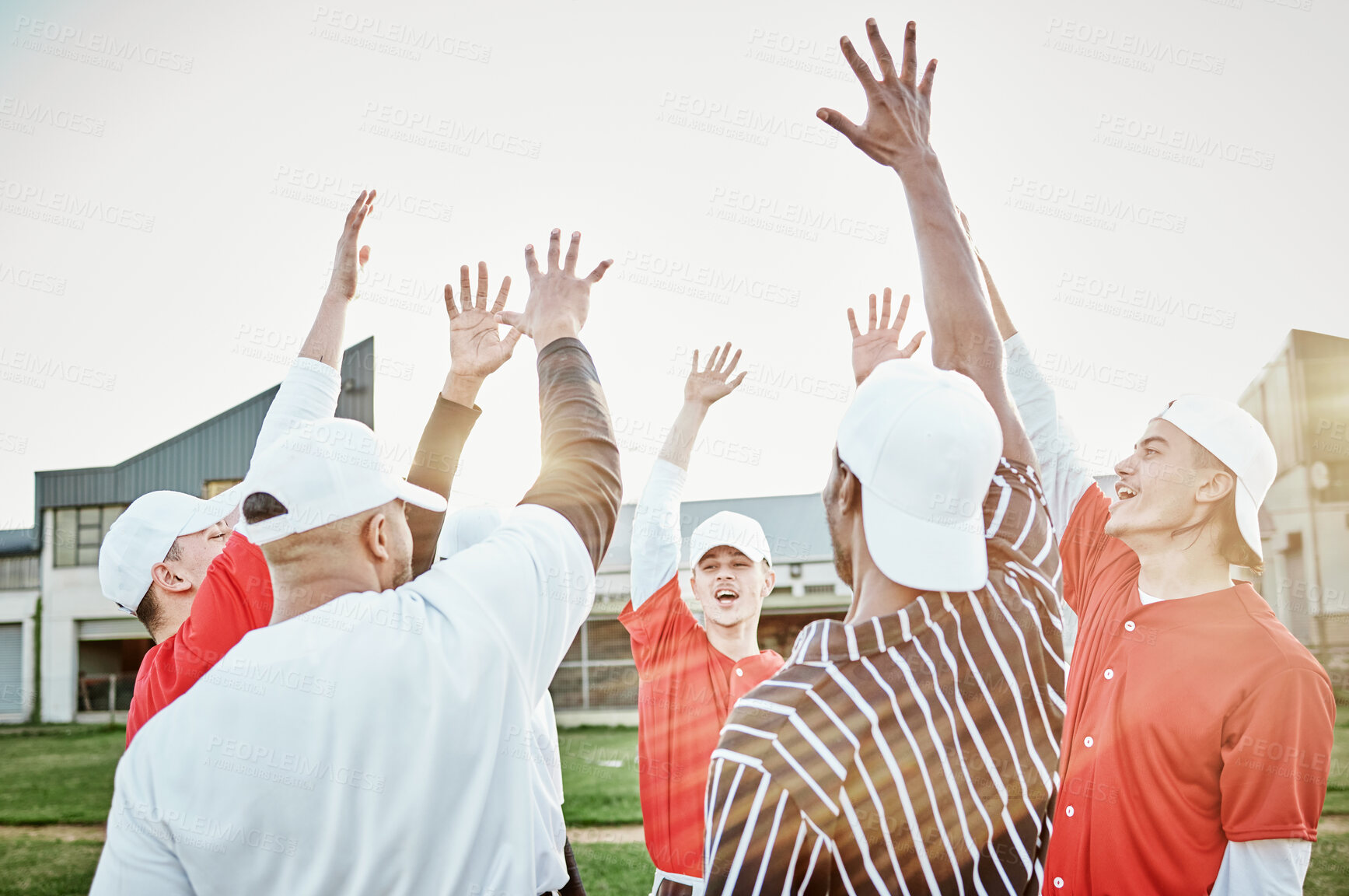 Buy stock photo Hands up, motivation or baseball people in huddle with support, hope or faith on sports field in game together. Teamwork, happy people or group of excited softball athletes with goals or solidarity 