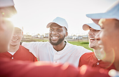 Buy stock photo Teamwork, baseball huddle or men with motivation, hope or faith in training workout match or game on sports field. Softball, smile or leadership with happy athlete group excited for mission goals