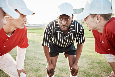 Buy stock photo Teamwork, baseball coach or men planning with motivation, hope or faith in training match or sports game. Softball huddle, fitness or leadership with athlete group ready for mission goals on field