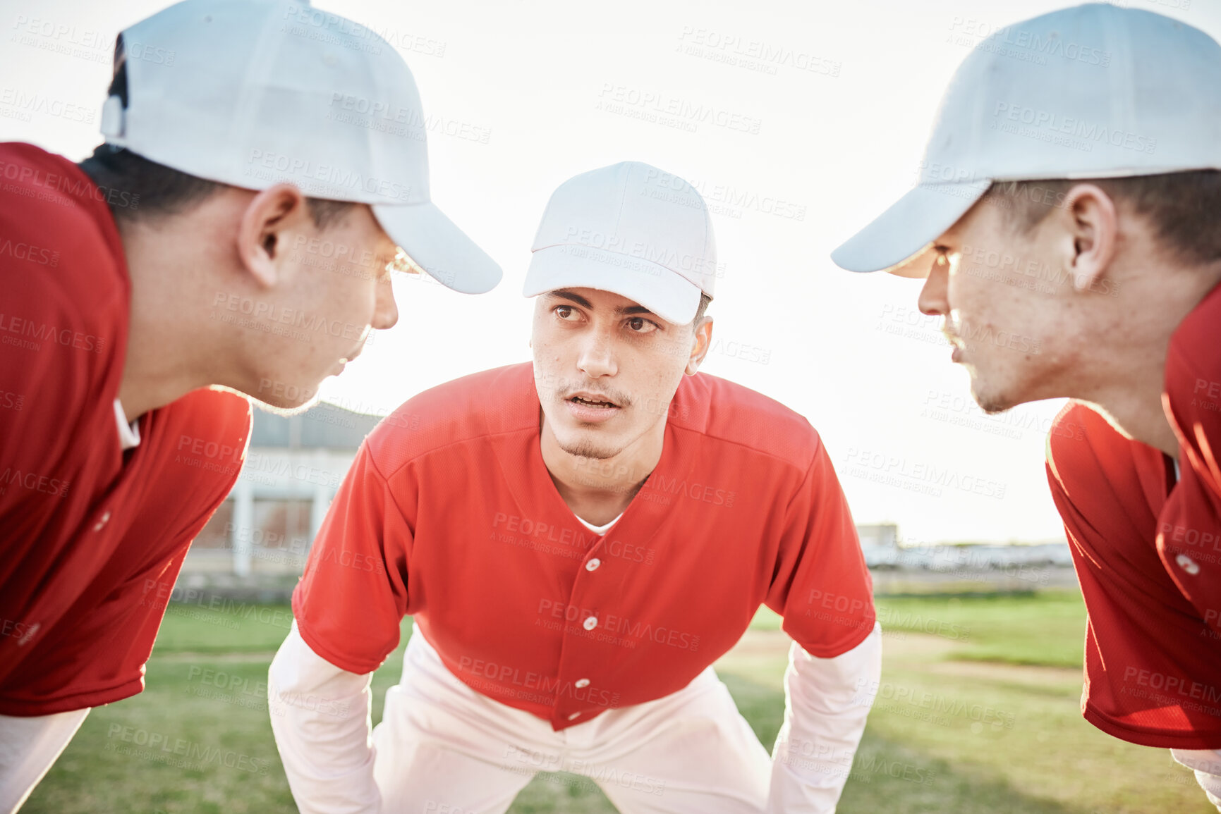 Buy stock photo Teamwork, baseball or sports men planning with motivation, hope or faith in training workout match or game. Softball huddle, fitness or leadership with athlete group ready for mission goals on field