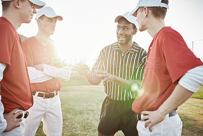 Buy stock photo Baseball, coach a strategy with a team outdoor on a field, talking tactics together during sports. Fitness, teamwork or communication with a black man leading a group of people in a competitive match