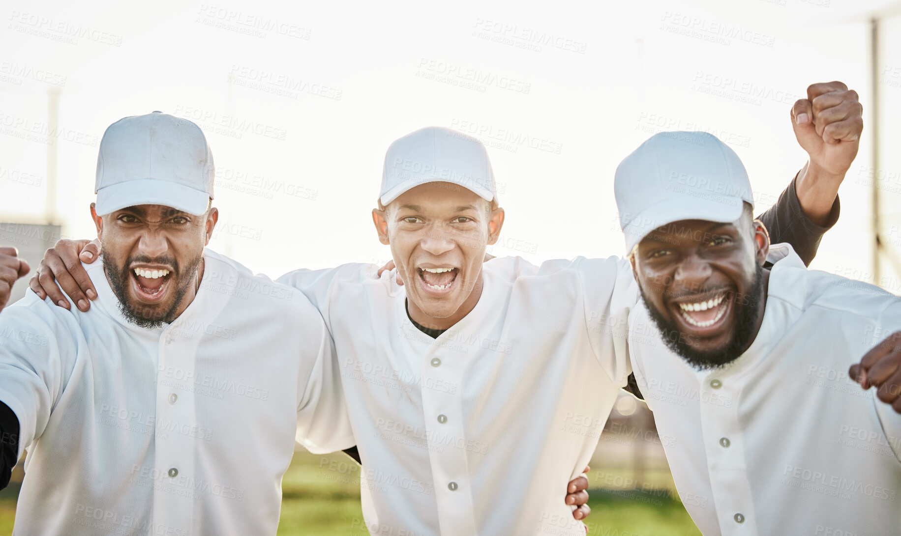 Buy stock photo Men, portrait or winner success on baseball field, games or match victory for diversity fitness, exercise or training achievement. Smile, happy or cheering softball players in excited teamwork sports