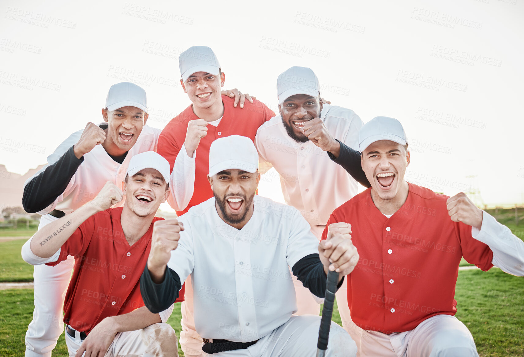 Buy stock photo Baseball players, portrait or winner success on field, game or match fist in diversity fitness, exercise or workout achievement. Smile, happy or cheering softball men in energy sports or wow teamwork