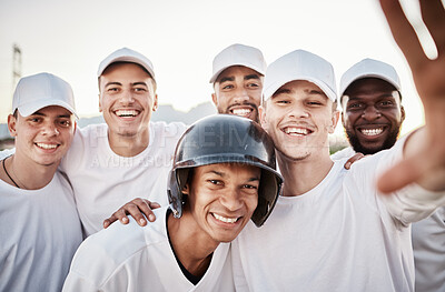 Buy stock photo Teamwork, happy and selfie with baseball player on field for training, fitness and social media post. Smile, friends and sports with portrait of group of people for workout, diversity and picture