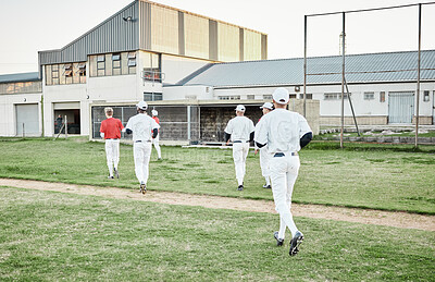 Buy stock photo Sports, baseball and team running on the field for a match, exercise or training at a stadium. Fitness, softball and group of male athletes preparing for game, workout or practice on a pitch at arena