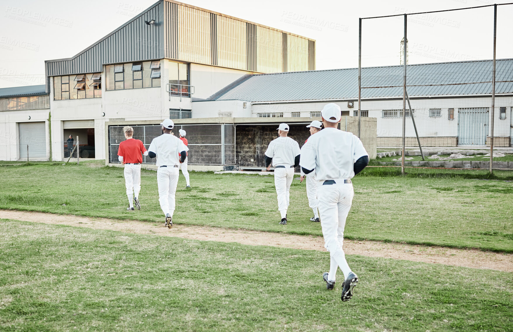 Buy stock photo Sports, baseball and team running on the field for a match, exercise or training at a stadium. Fitness, softball and group of male athletes preparing for game, workout or practice on a pitch at arena