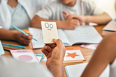 Buy stock photo Learning, cards and parents with children and alphabet lesson for language, study and letter. School, homework and help with family at table and teaching for reading tutor, literacy and phonics