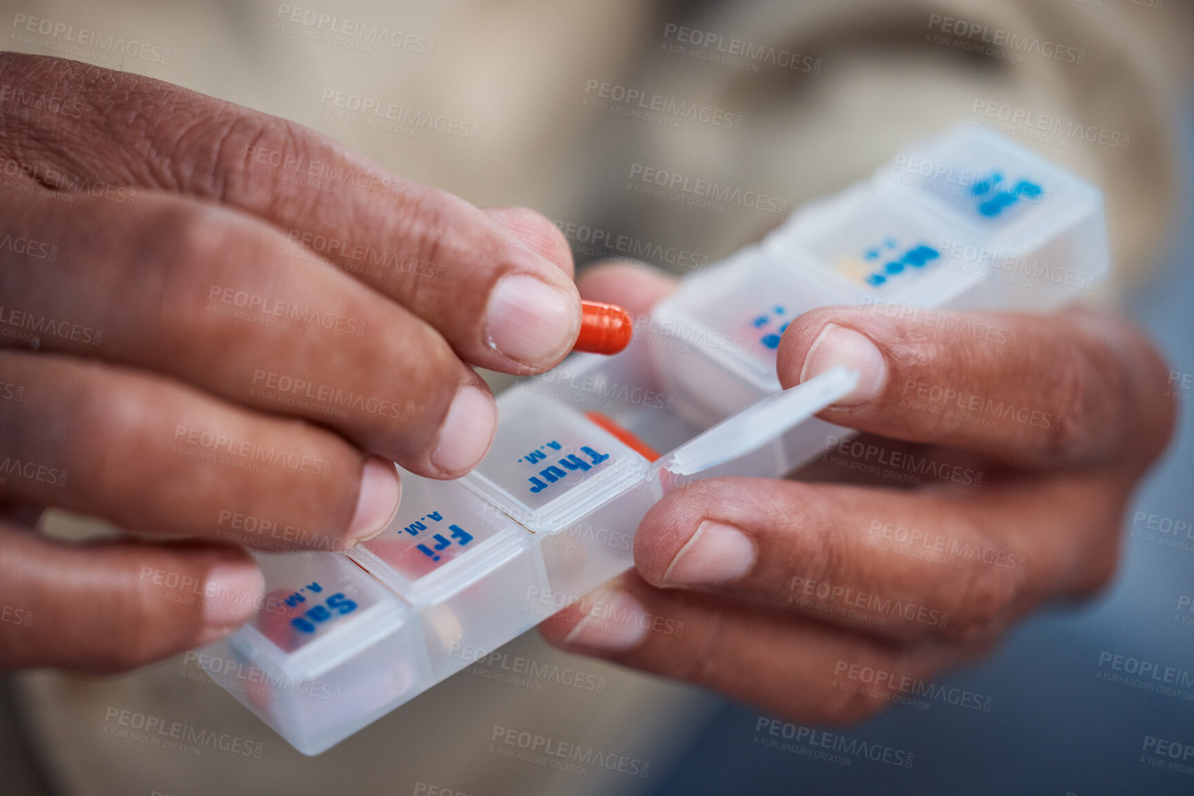 Buy stock photo Medicine, container and hands of old person with pills for organize, healthcare and prescription. Medical, pharmacy and wellness with senior citizen and medication for vitamins, antibiotics and drugs