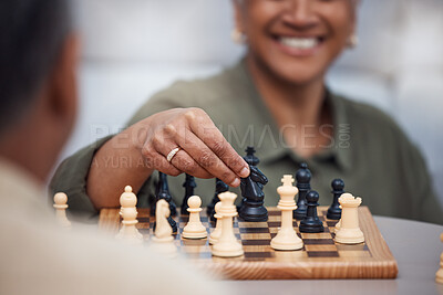 Buy stock photo Strategy, moving and chess with hands of old couple for bonding, competition and mental exercise. Relax, problem solving and smart with man and woman at home for board games, checkmate or contest