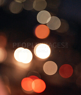 Buy stock photo Night, bokeh and pattern of creative light in city for glow, glitter and texture on blurred background with nobody. Abstract, art and festival with shine backdrop for sparkle, disco or pop decoration