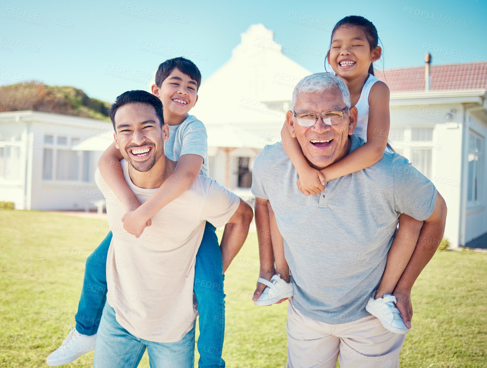 Buy stock photo Family, father and grandfather piggyback children in portrait, love and relationship with generations, bonding and care. Laughing, happiness and fun together with men and kids outdoor with childhood