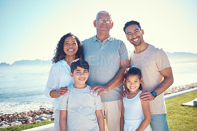 Buy stock photo Love, happy and portrait of a big family on a vacation, adventure or weekend trip in Puerto Rico. Happiness, smile and children standing with their parents and grandfather at holiday resort or house.