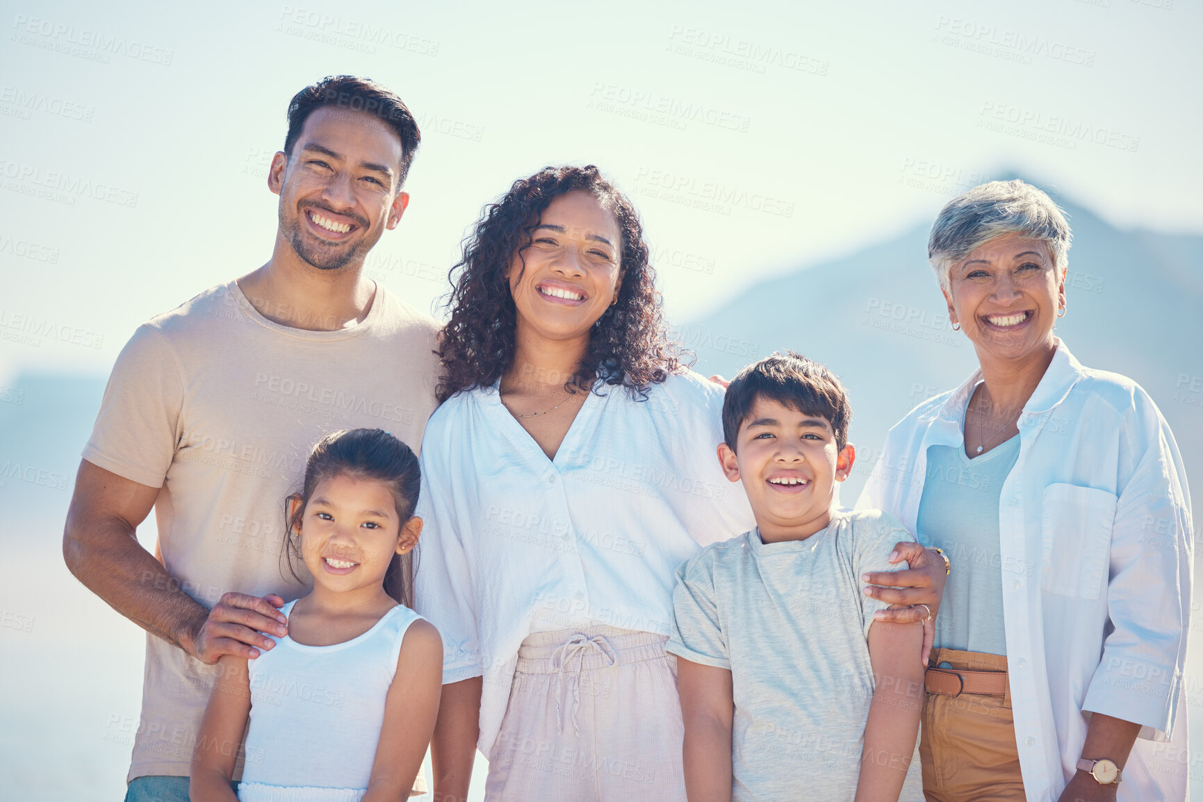 Buy stock photo Family, portrait and happy with generations, love and travel, relationship with grandmother, parents and children outdoor. Bonding, care and happiness, spending quality time together and people smile