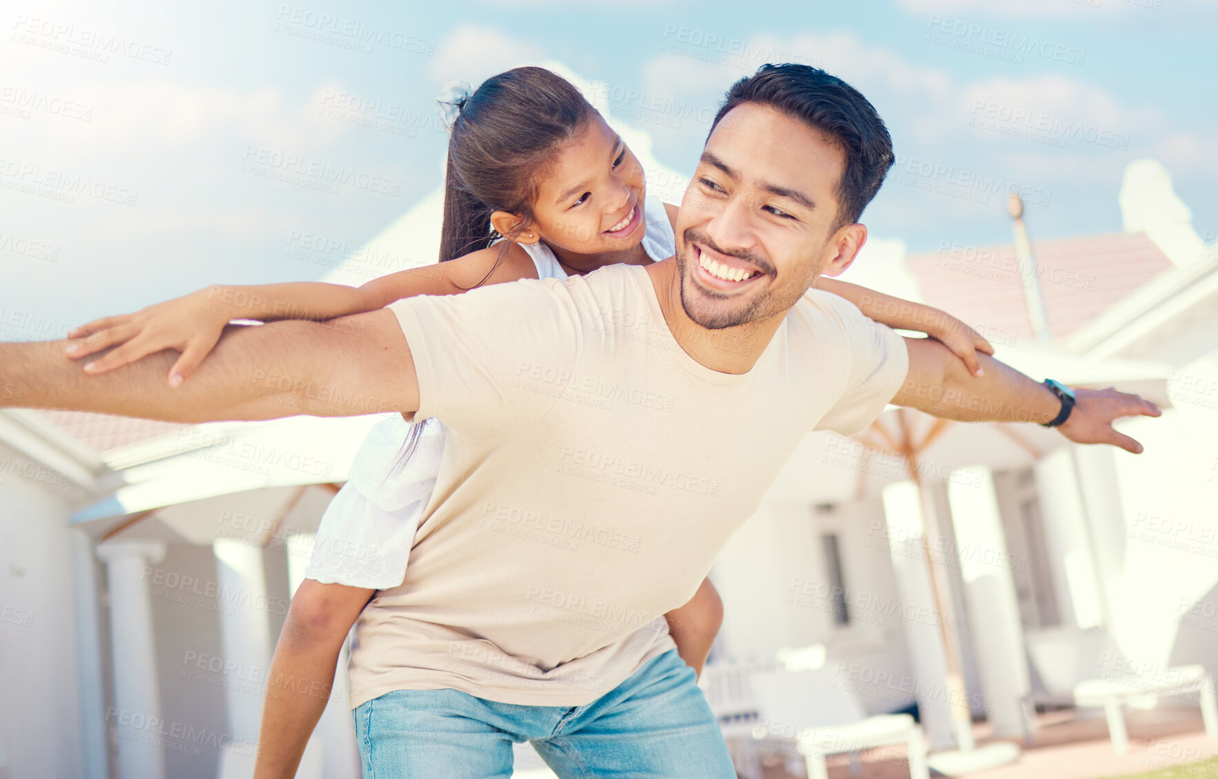 Buy stock photo Flying, happy and father with a child for playing, bonding and quality time in a home garden. Carefree, smile and dad with a girl for support, outdoor activity and playful together in a backyard