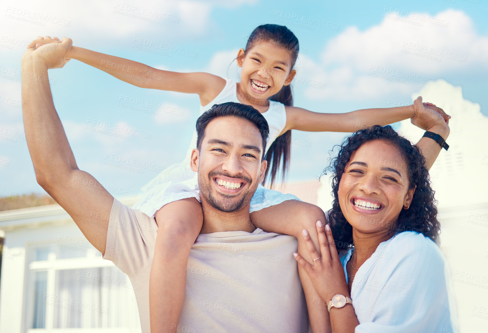 Buy stock photo Airplane, happy and smile with portrait of family for bonding, support and relax at home. Weekend, trust and quality time with man carrying girl on shoulders for care, summer break and positive 