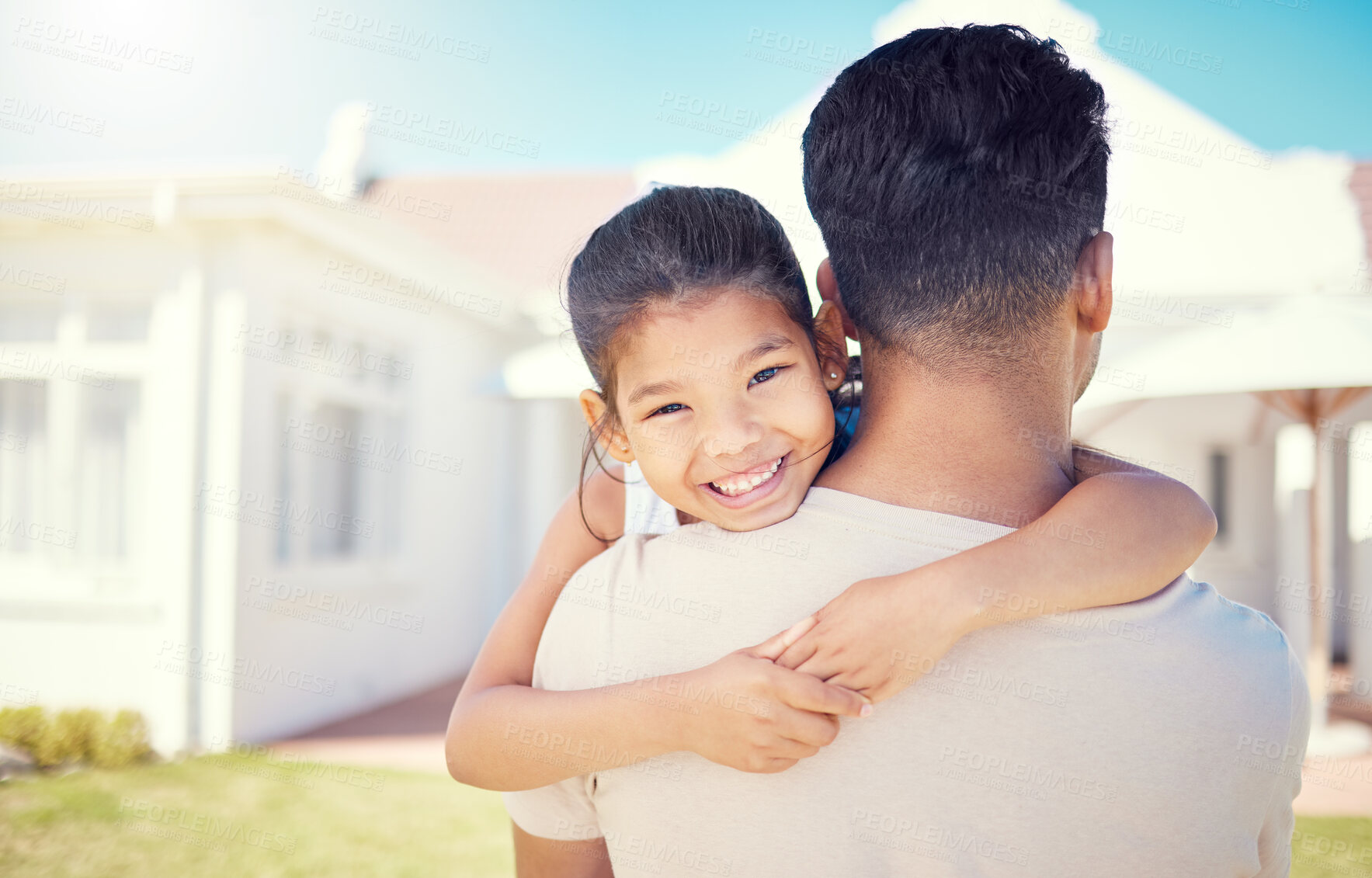 Buy stock photo Family, father and kid hug outdoor with love and care, bonding at home with happy child and trust in backyard. Relationship, man and girl together with happiness in portrait, embrace and childhood