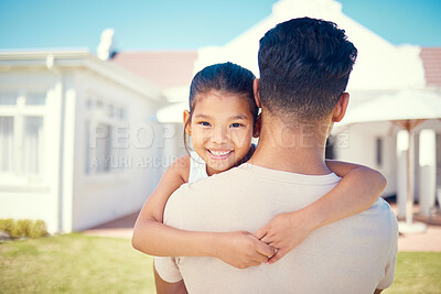 Buy stock photo Family, father and child hug outdoor with love and care, bonding at home with happy kid and trust in backyard. Relationship, man and girl together with happiness in portrait, embrace and childhood