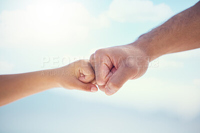 Buy stock photo Hands, fist bump and growth in unity, partnership or trust for childhood development on mockup. Small and big hand bumping fists in support, collaboration or teamwork for community or friendship