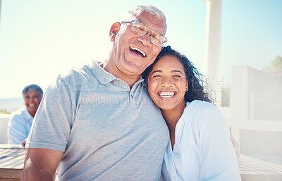 Buy stock photo Portrait, father, daughter hug, picnic and smile for quality time, bonding and loving together. Face, dad and adult female child embrace, outdoor and happiness on summer vacation, break and laughing