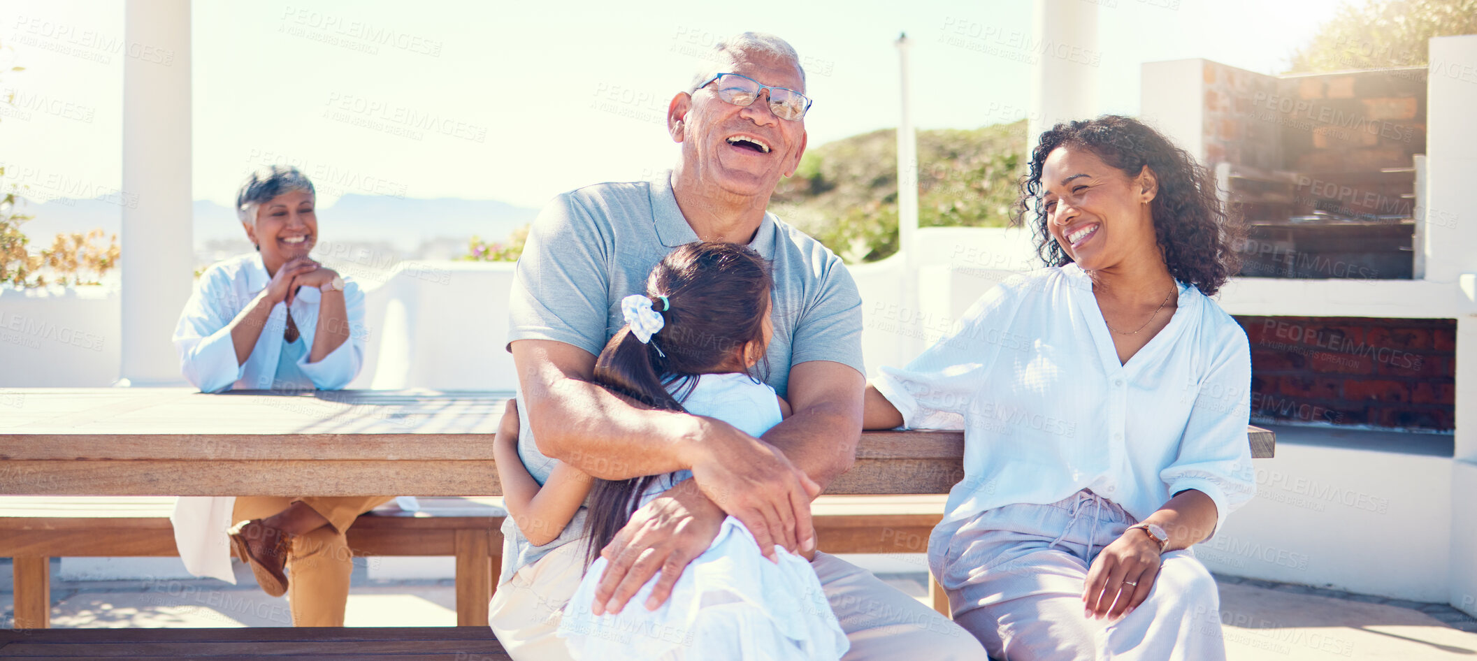 Buy stock photo Family, outdoor and laughing on vacation with child, mother and grandpa on a bench with love and care. Girl, woman and man or grandparents happy in summer for hug, fun and happiness on holiday patio