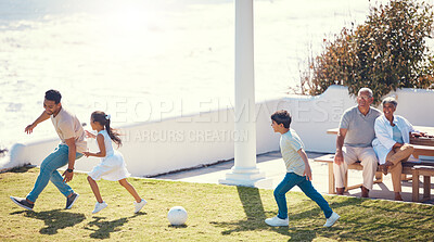 Buy stock photo Soccer, happy and father and kids in home garden for learning, bonding and fitness with sports. Relax, training and football with man playing with children in backyard for summer, weekend or teaching