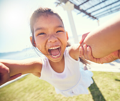 Buy stock photo Girl child, pov spin and happy portrait with speed, smile and ocean park in summer sunshine with happiness. Young female kid, swing and playing outdoor with fast movement, holding hands and freedom