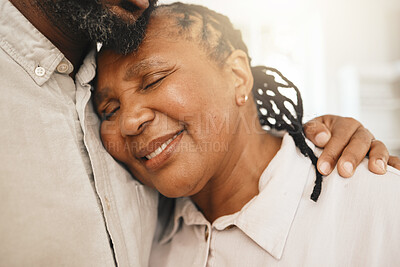 Buy stock photo Love, senior couple and hug with retirement, quality time and happiness for anniversary, relax and care. Romance, black woman and mature man embrace, smile or relationship with care, happy or support